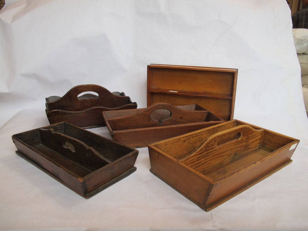 We have a selection of English cutlery boxes, c1930 in a variety of woods, shapes and sizes. sold separately from $ 275 - $500 each