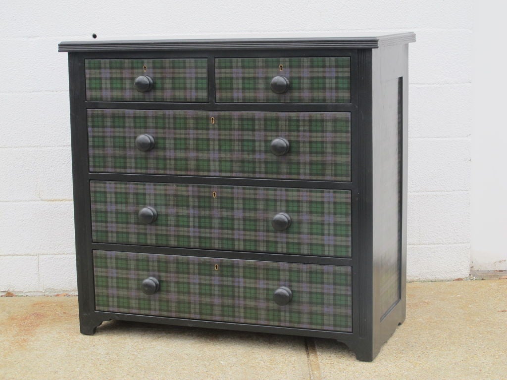 Victorian dresser or chest of drawers with later application of tartan print