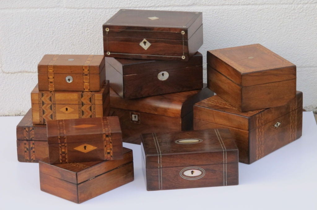 English Marquetry Boxes, re lined with marbelised paper. Various wood and mother of pearl or bone details. Sold & priced Separately. $ 300 - $ 600 each