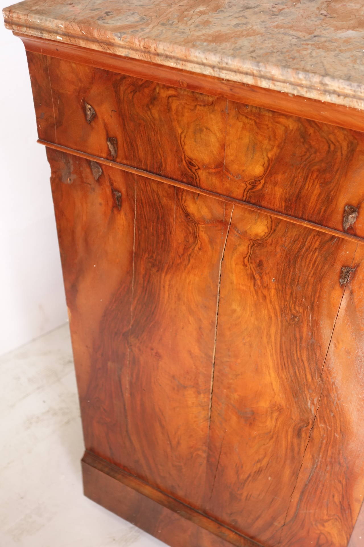 Burl walnut French Louis Philippe style dressed with original marble top.