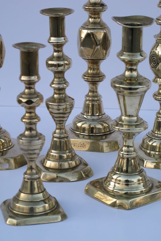 Assorted Victorian brass candlesticks, some in pairs, some singles, priced from $165 single - $385 a pair