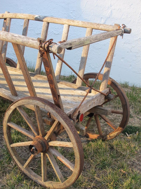Timber hand made 19th C dutch Hand cart, with iron banded wheels
