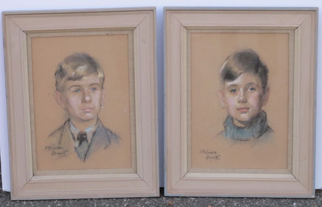 Pair of charcol drawings of 2 young American boys. Sold as a pair.