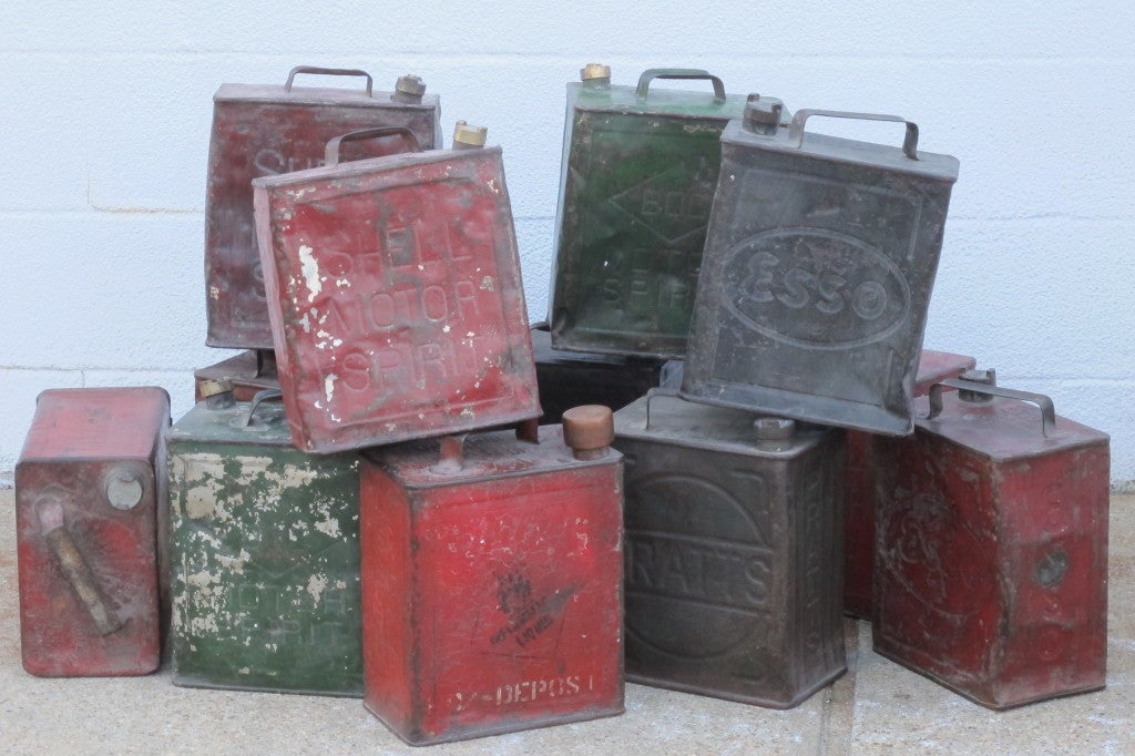 Vintage Tin Gas Cans from Shell, Esso etc. remains of old paint. Sold separately.