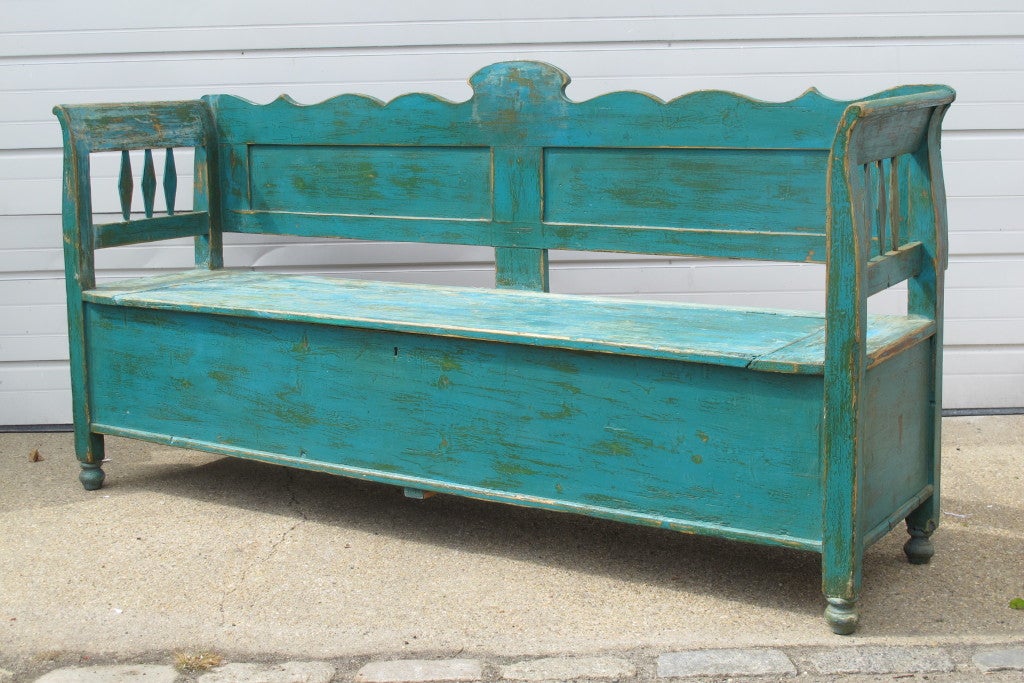 A painted Scandinavian Seat with Blanket chest under seat. Old paint,