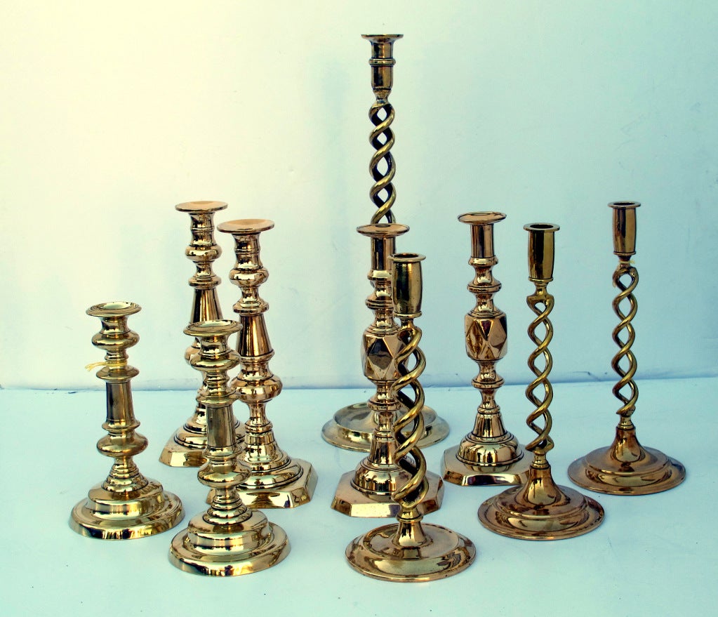We carry a selection of English Brass candlesticks in singles and pairs, c 1900- 1920. can also be converted to lamps for additonal fee. sold as pairs & separately. from $ 425 a pair