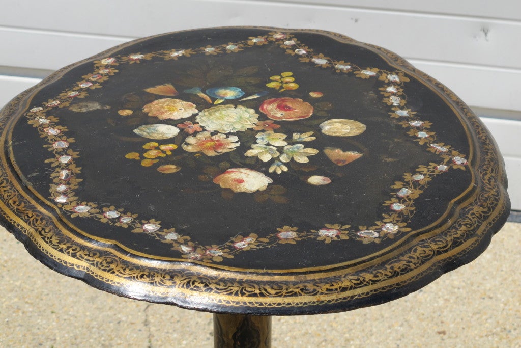 English Papier Mache Pedestal Table with Mother of Pearl Inlay and hand painted decoration.
