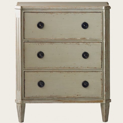 Swedish Style 3 drawer night stand or dresser, available in various finishes, antique white, black distressed.Brass hardware. Hand carved and hand painted