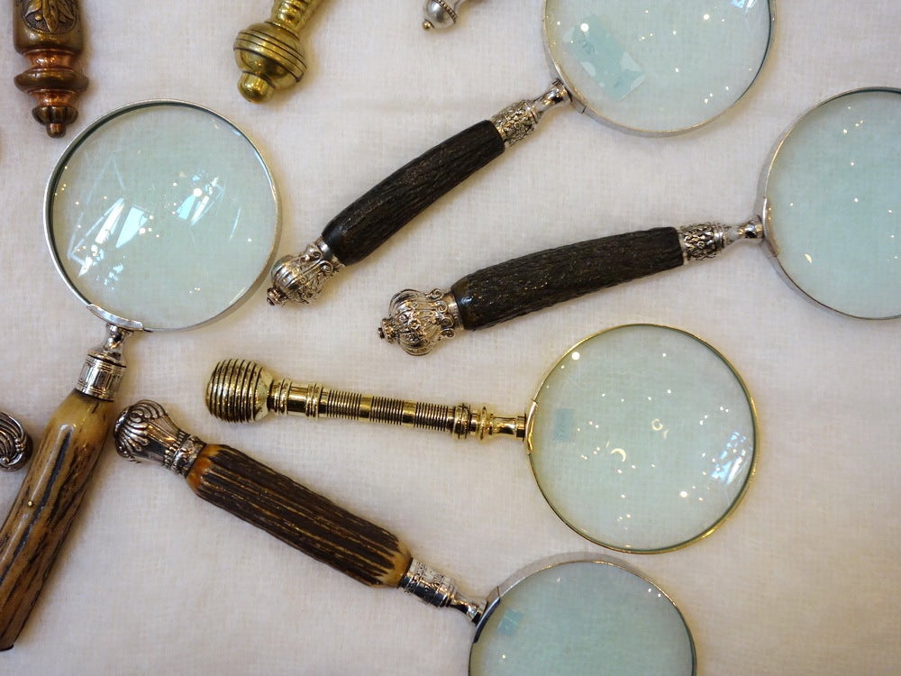 We have a large collection of old English Magnifying Glasses with various handle designs in brass, horn, ebony, bone and wood. sold separately. from $ 285 - $485 each. please enquire