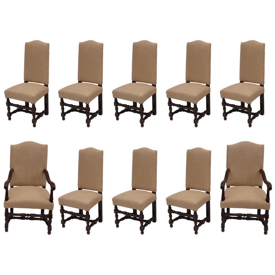 Set of Ten French Oak Dining Chairs For Sale
