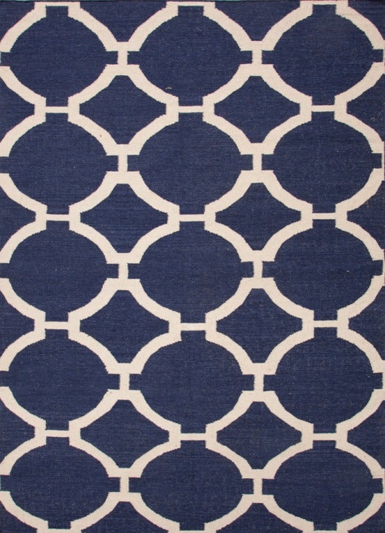 Blue Dhurrie with White Pattern For Sale