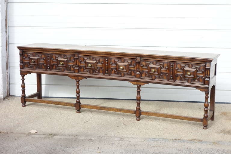 Exceptional English Oak Dresser Base with 3 drawers. Original brass handles. Good Patina and condition