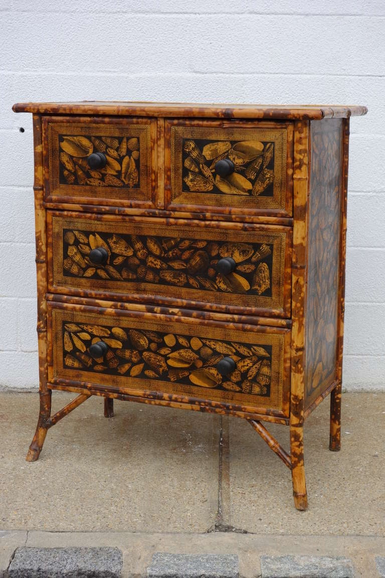 An English Bamboo Dresser with newly added decoupage of shell design, the dresser from the 1930s.