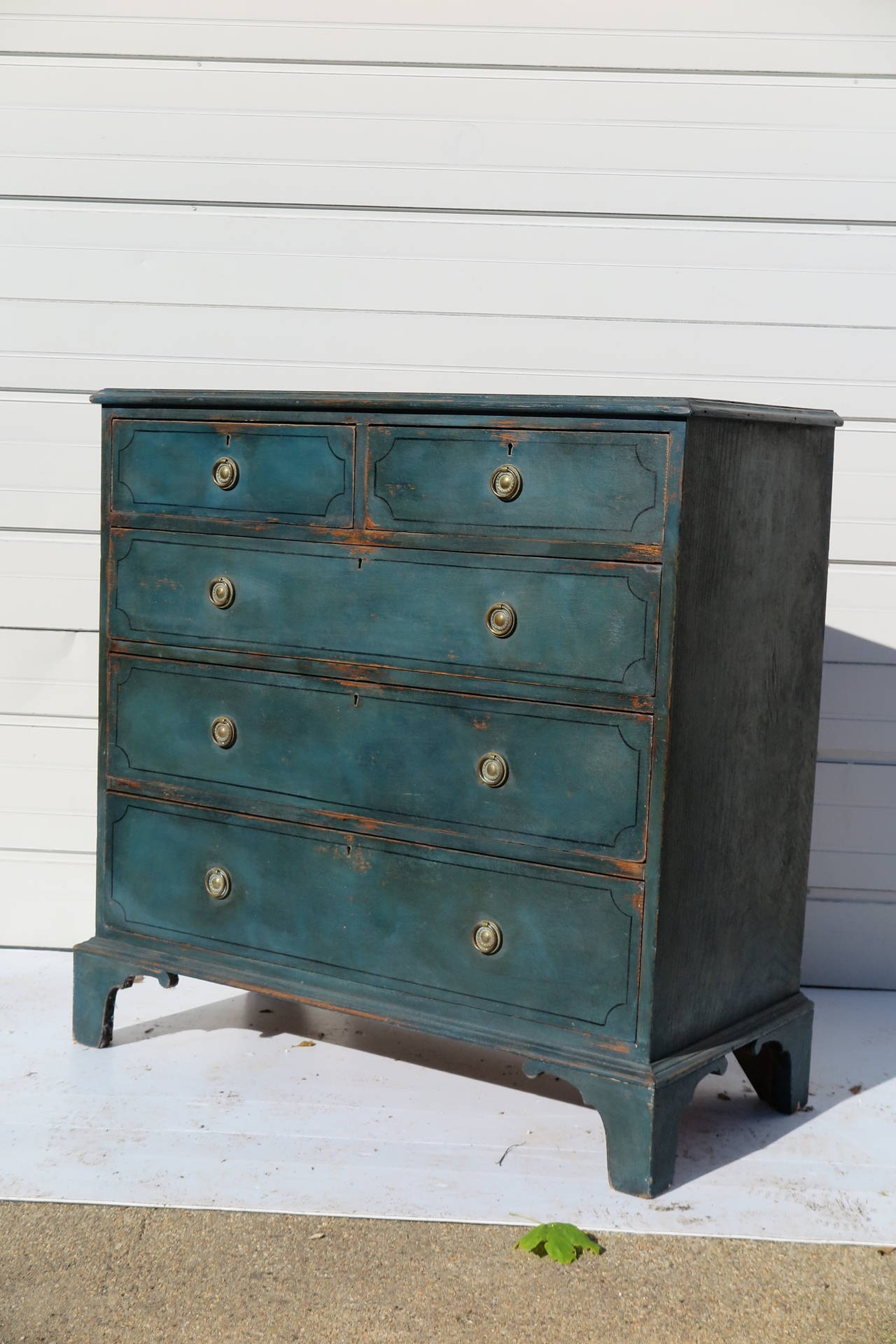 Blue painted chest, English, with old paint decoration. Please contact for current availability.