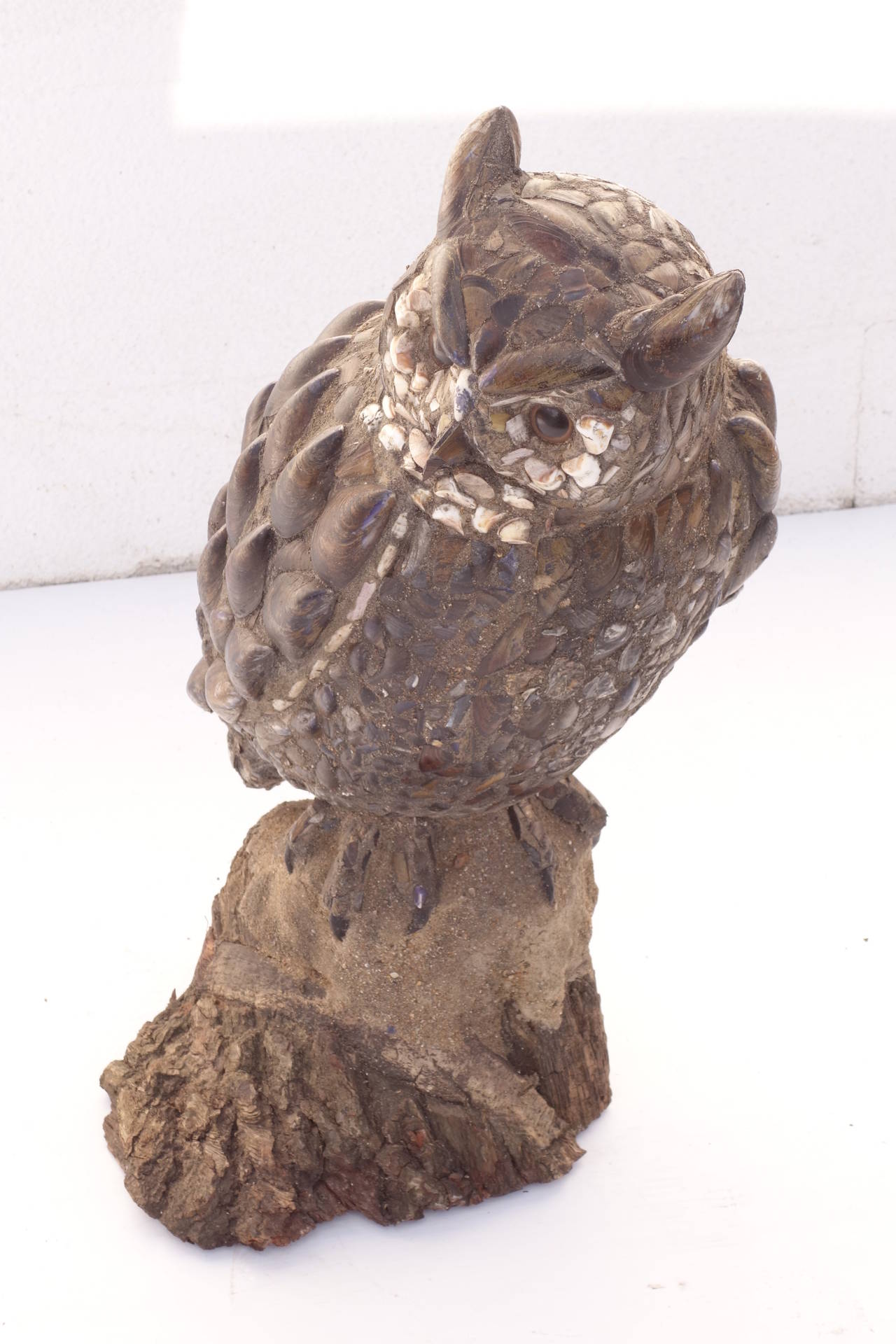 Folk art owl sculpture made from mussel shells and sea shells, made in England, one of a kind. Hand-made by artist. 11