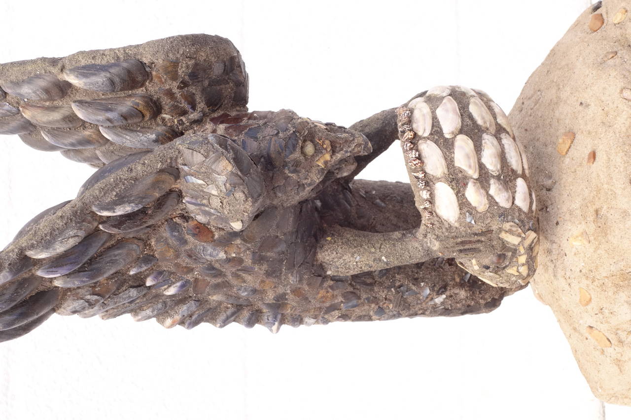 Eagle with Fish Mounted on Natural Drift Wood with Sea Shell and Mussel Accents, Stone Composite 
Made in England