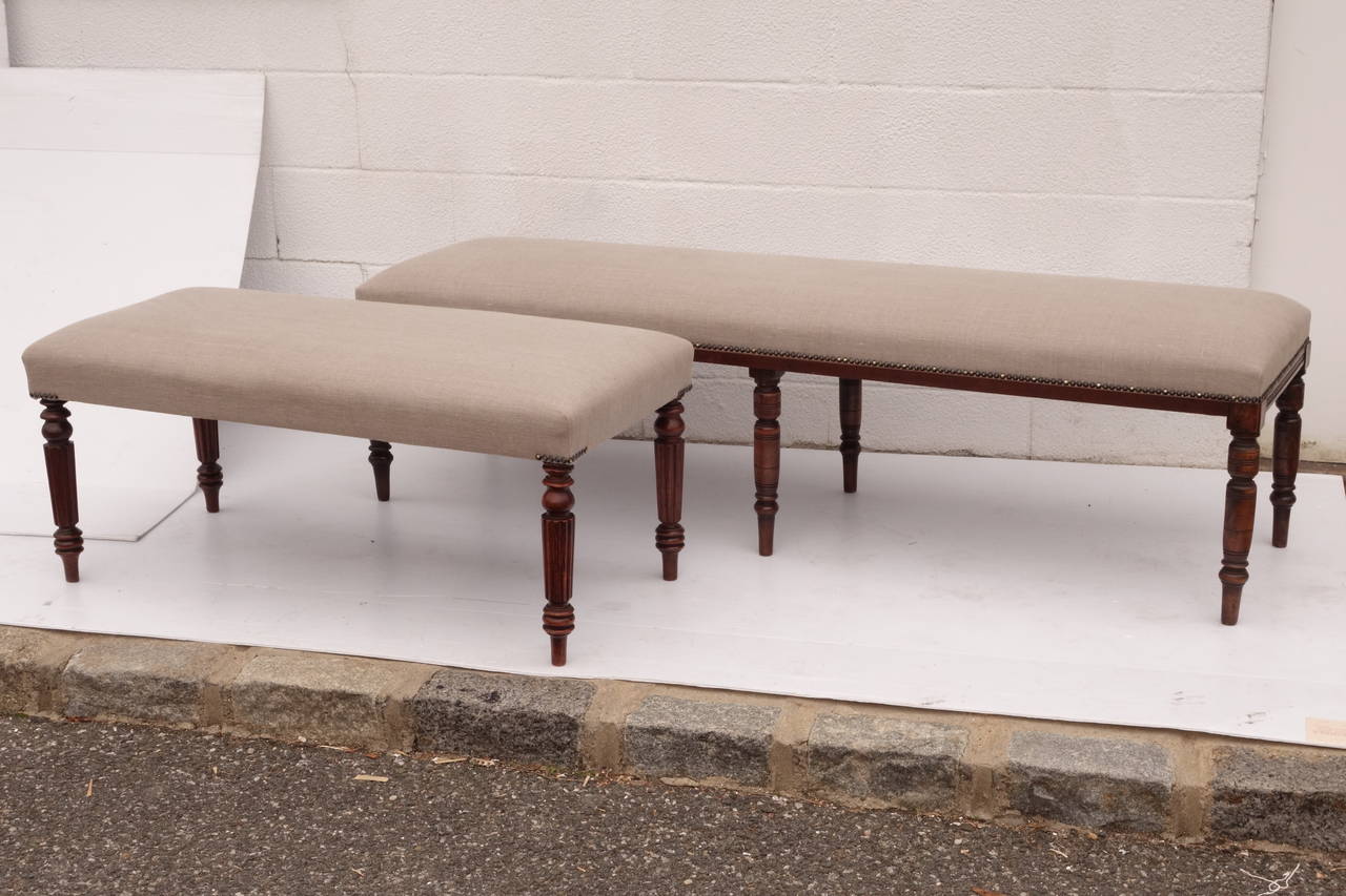 Bench made from 19th century chair legs. Upholstered more recently in a grey linen. Sold separately! Price and size shown reflect larger bench. Please contact us for current availability.Made in UK, can be made to order and COM can be used.66'' L