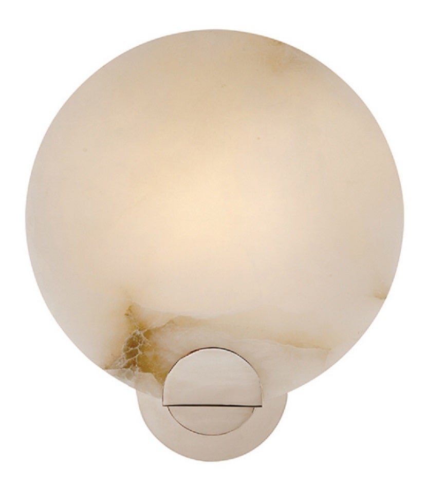 Round alabaster shade flush mount sconce. Available in Antique Brass (# 47-21351) or Polished Nickel (# 47-21666). Please contact for current availability.