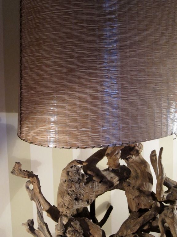 Very Large Driftwood Lamp with Original Rattan shade 2