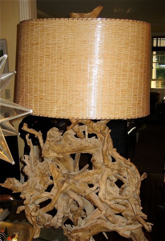 Very Large Driftwood Lamp with Original Rattan shade 4