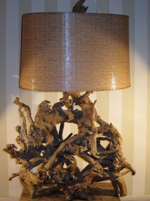 Very Large Driftwood Lamp with Original Rattan shade 5