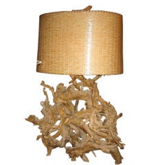 Very Large Driftwood Lamp with Original Rattan shade