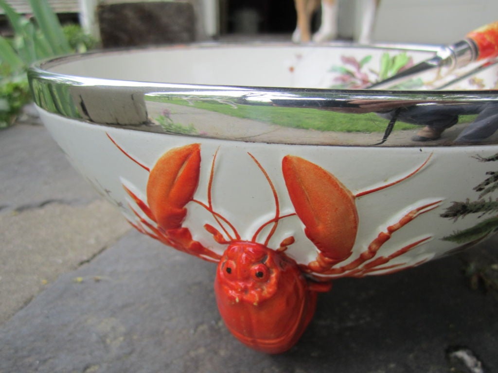 Wedgwood Creamware bowl with Seaweed painted motifs,<br />
Lobster tripod foot,  silver plate rim ,  and a rare set of<br />
ceramic lobster claw silver plate servers, hallmarked