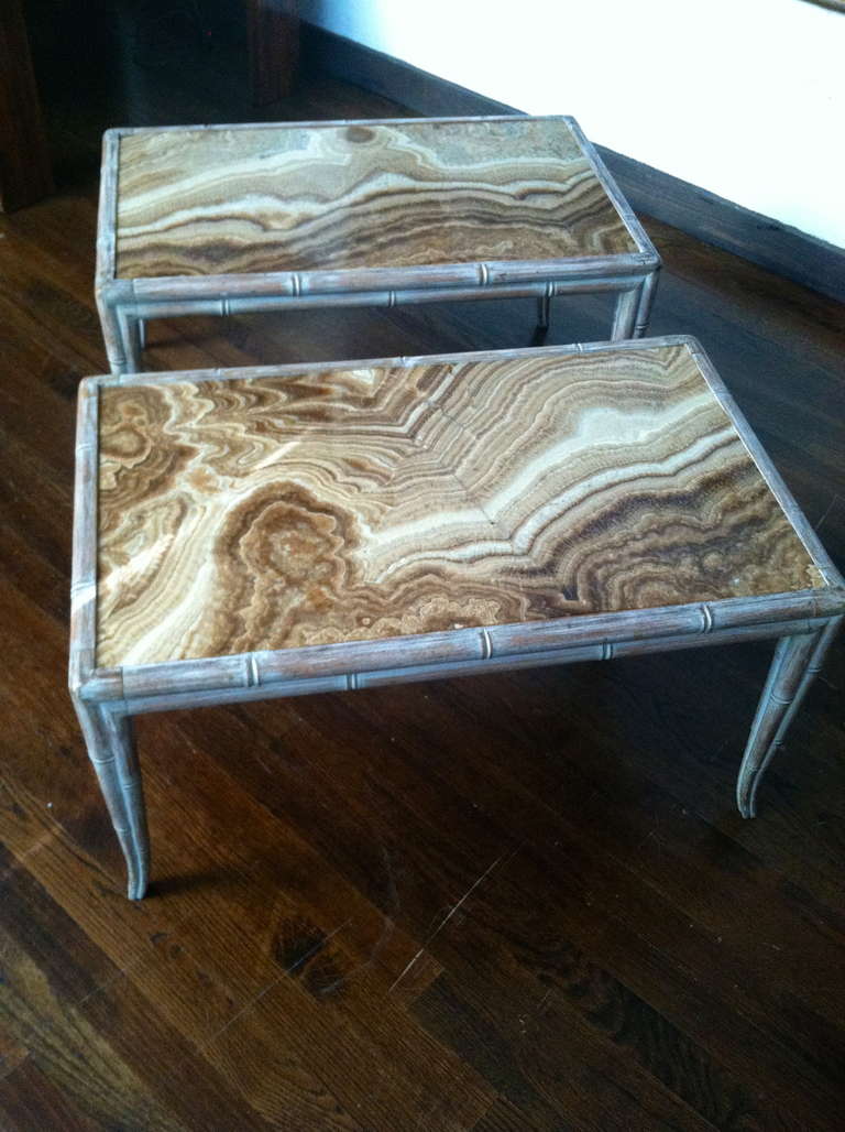 Pair of French Cerused Oak Side Tables with Beautifully Grained Marble Inlaid Tops