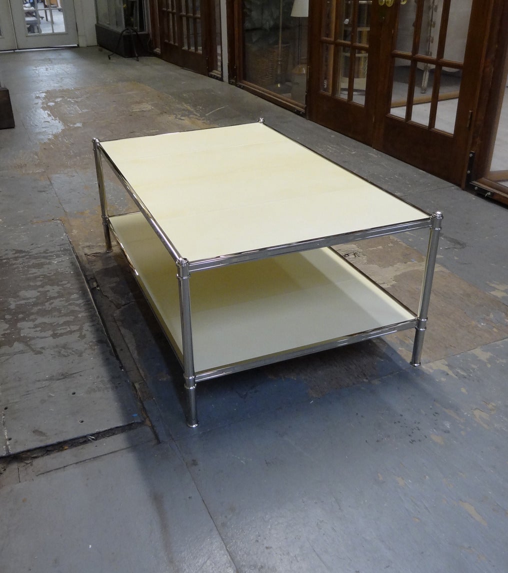 American Cole Porter Coffee Table in Polished Nickel and Parchment For Sale