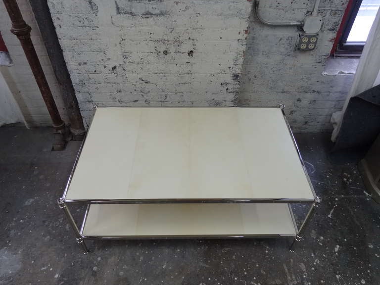 American Classical Cole Porter Coffee Table in Polished Nickel and Parchment For Sale