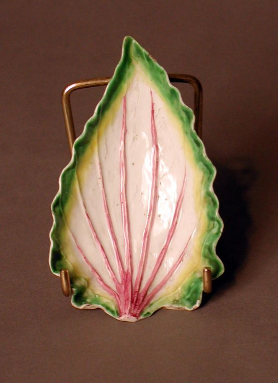 A rare 18th century English Longton hall soft paste porcelain leaf form sweet meat dish, formerly having a handle, circa 1752. Provenance: James A. Lewis, NY.