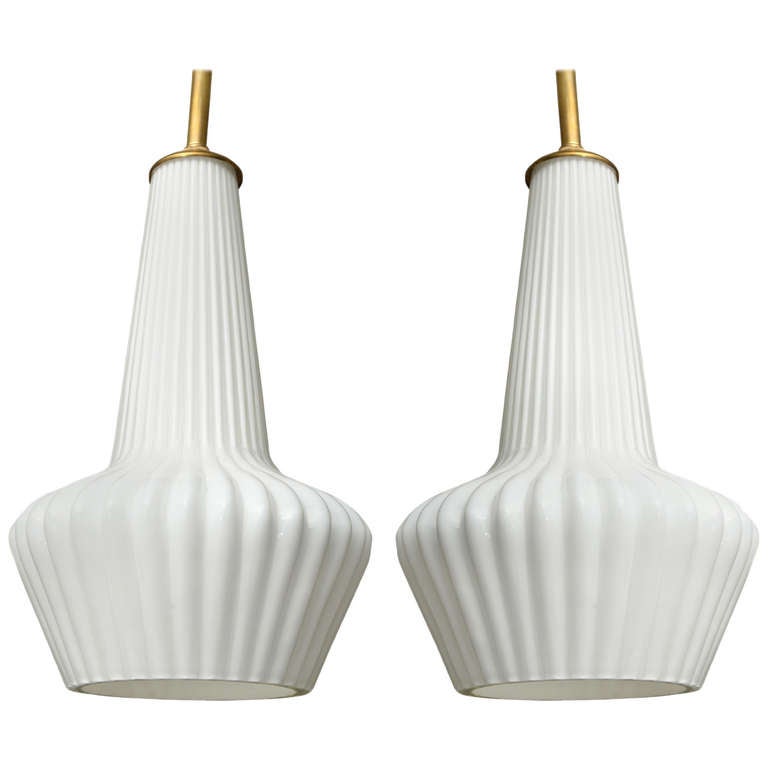 White Glass Ribbed Pendant Ceiling Fixture with Brass Hardware