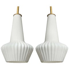 White Glass Ribbed Pendant Ceiling Fixture with Brass Hardware
