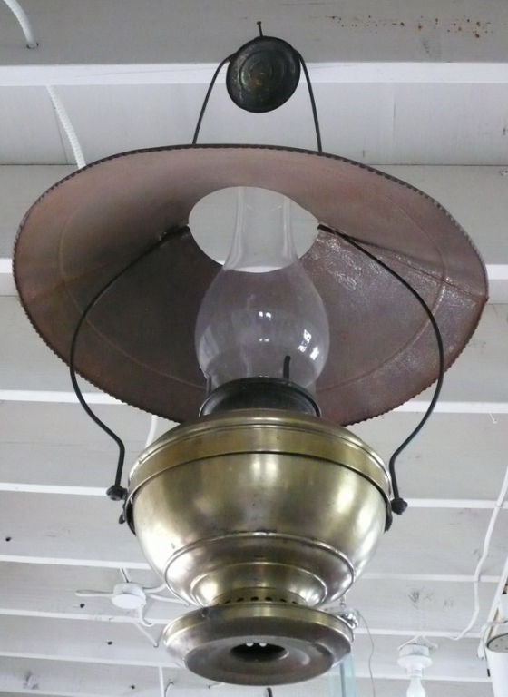 Great Old Real Brass Hanging Lamp with original metal shade