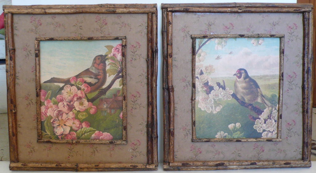 A Pair of Decorative Twig Frames with Bird Prints, a wallpaper border