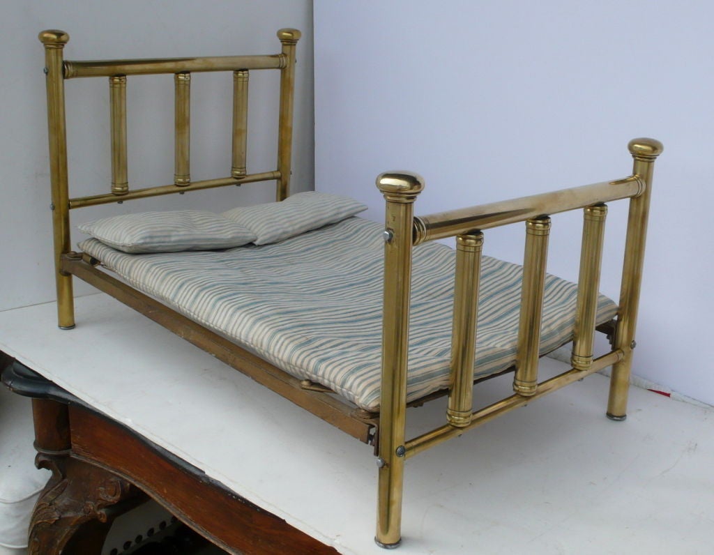 Miniature Brass Bed, may have been a salesman sample, Perfect Dog Bed, Has old cotton ticking mattress and 2 mini pillows