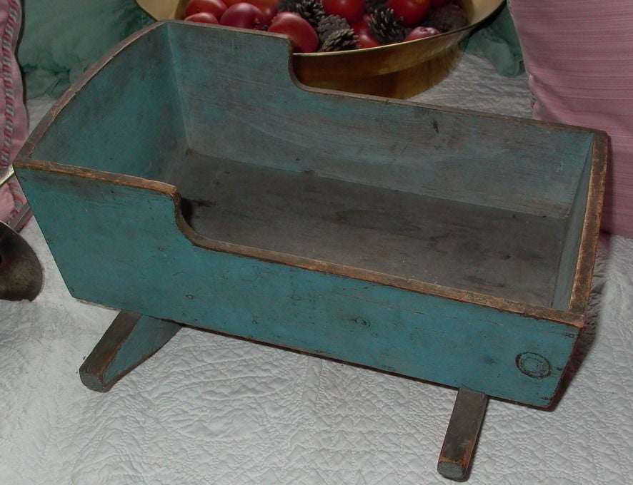 Simple Dolls Cradle from Cortlandt NY, great old blue milk paint, signed