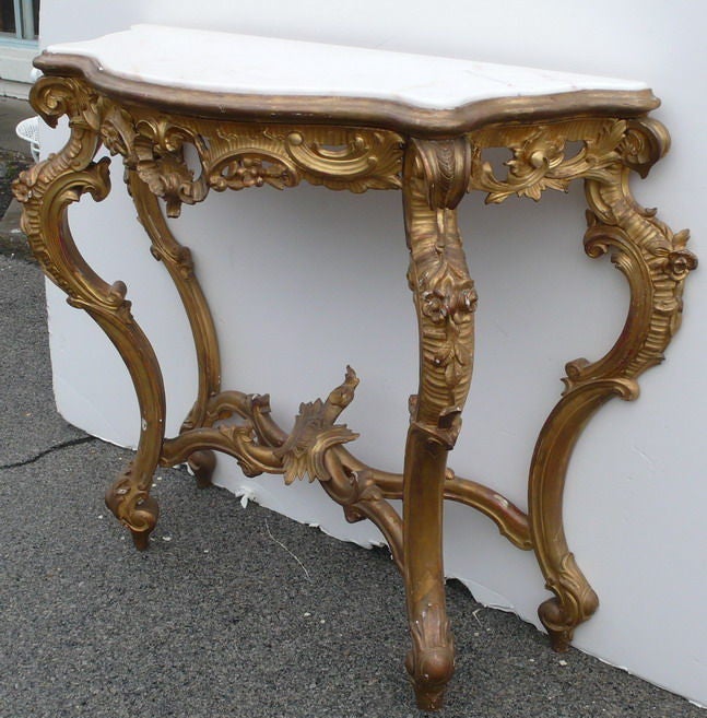 Italian Hand Carved Gilded Marble Top Console