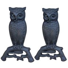 Antique Wonderful Pair Of Owl Andirons with Glass Eyes