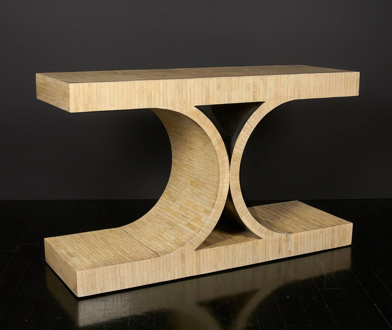 In the style of Jean Michel Frank, this Tessellated Bone Console is an amazing design. In excellent condition with no discoloration or loose bone, interior of top opening is lined in metal.