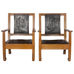 Pair of Oak and Leather Chairs