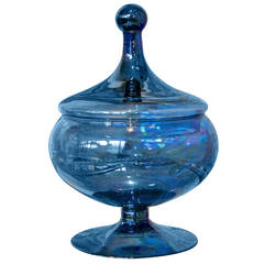 American 1960s Blue Glass Compote with Lid