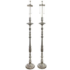 Pair of French Nickel-Plated Floor Lamps with Hexagonal Bases