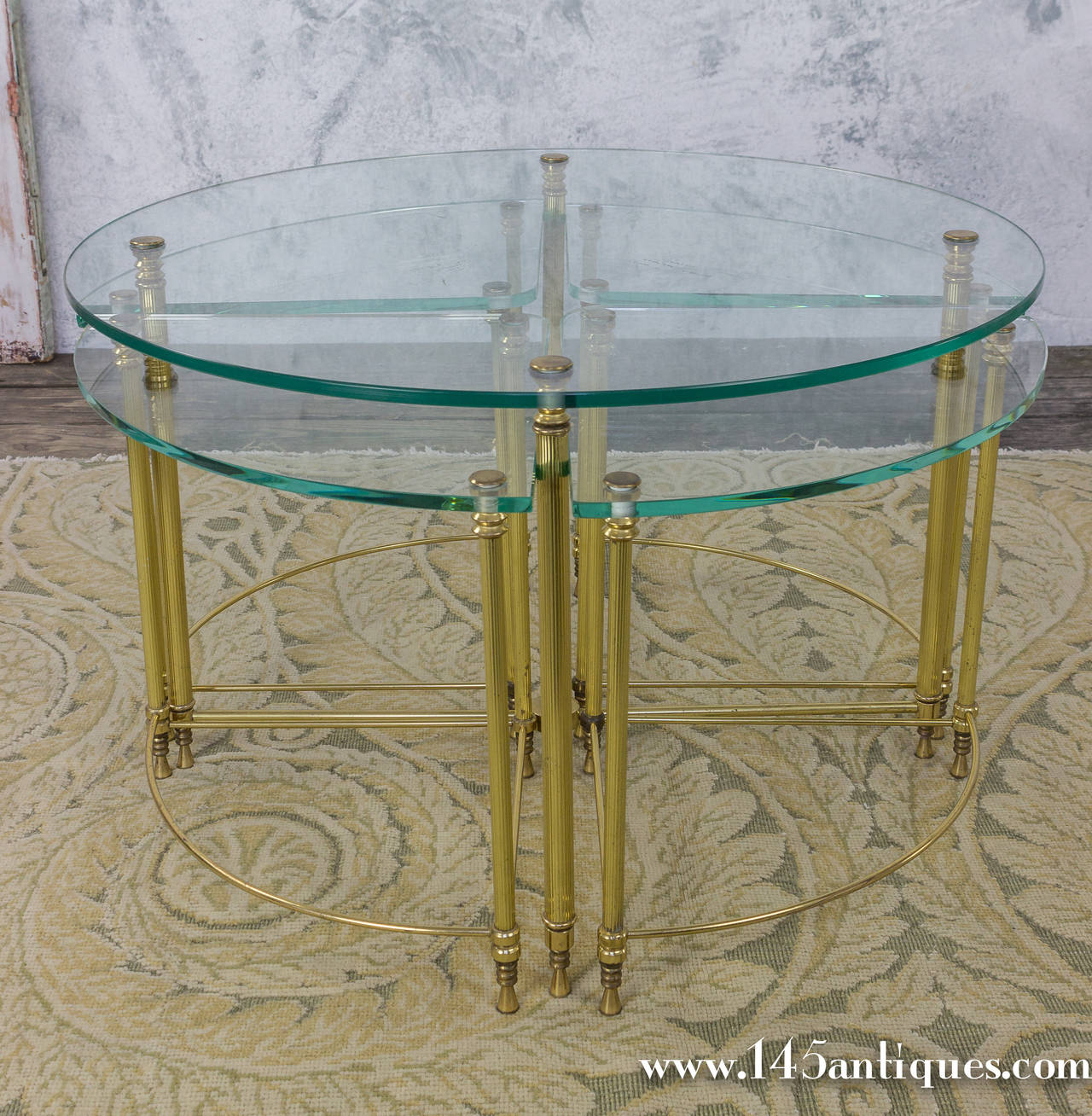 French Modern Brass Coffee Table and Nesting Tables Ensemble with Clear