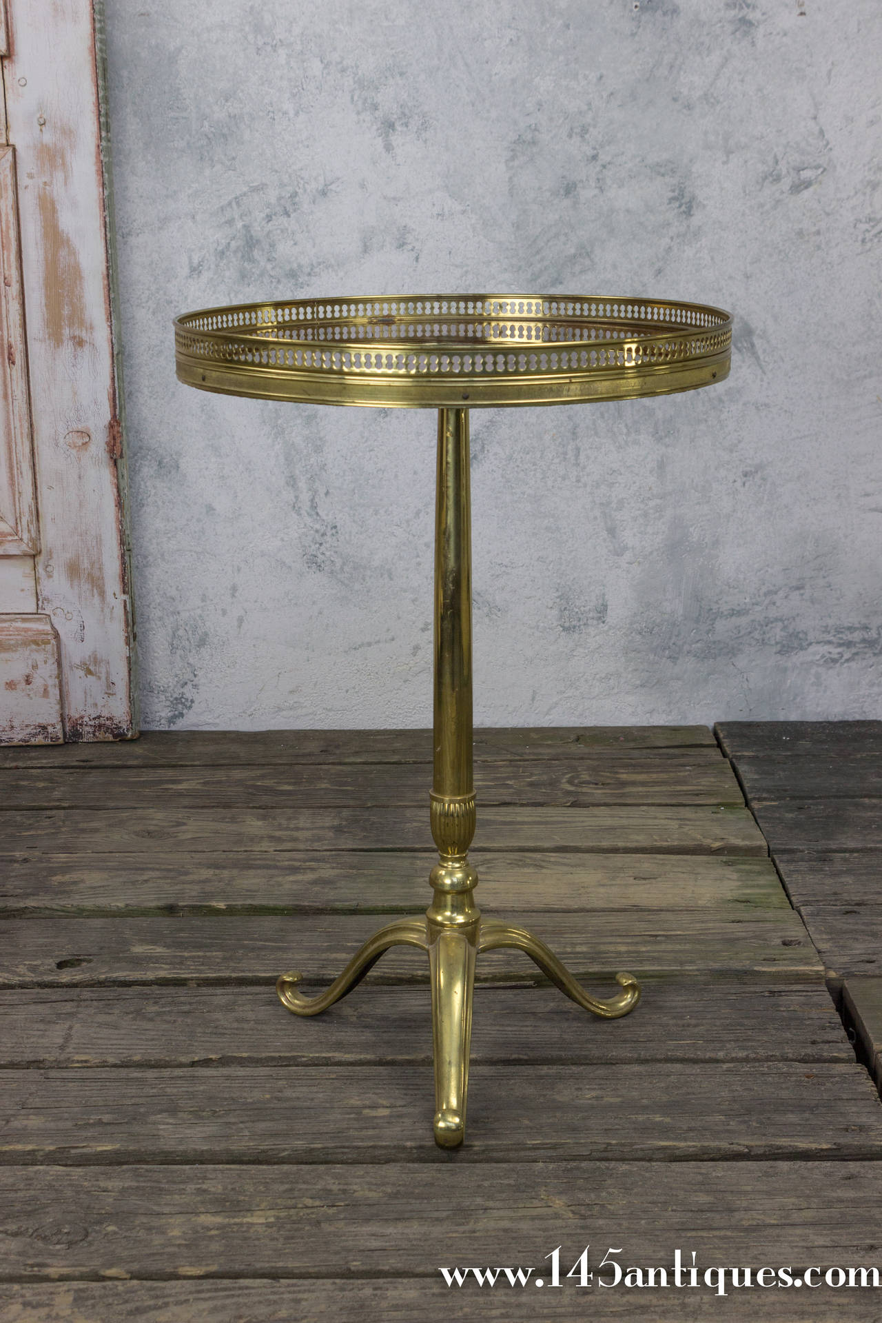 French Small Brass End Table with Red Inset Top