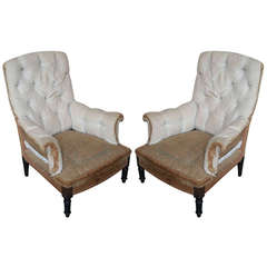 Pair of Napoleon III Tufted Armchairs with High Backs