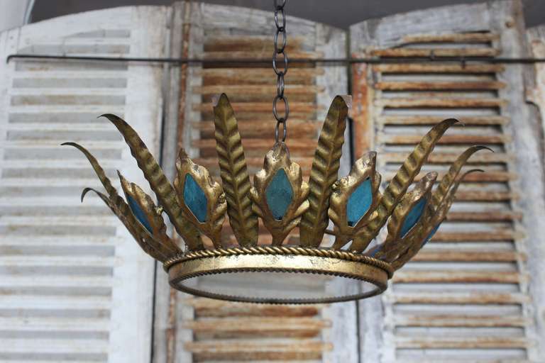 Unusual Spanish Gilt Ceiling Fixture with Peacock Blue Glass Accents In Good Condition In Buchanan, NY