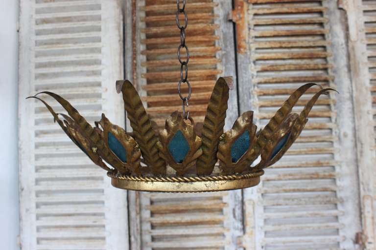 Mid-20th Century Unusual Spanish Gilt Ceiling Fixture with Peacock Blue Glass Accents