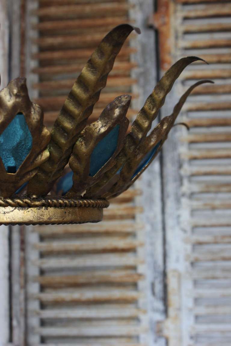 Metal Unusual Spanish Gilt Ceiling Fixture with Peacock Blue Glass Accents