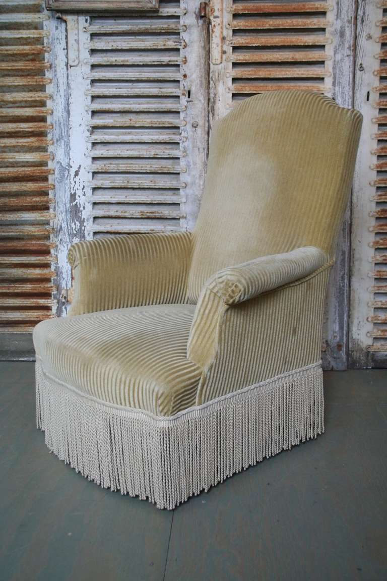 Pair of 19th century high backed armchairs in a striped gold velvet with bouillon fringe. These pieces are sold in 